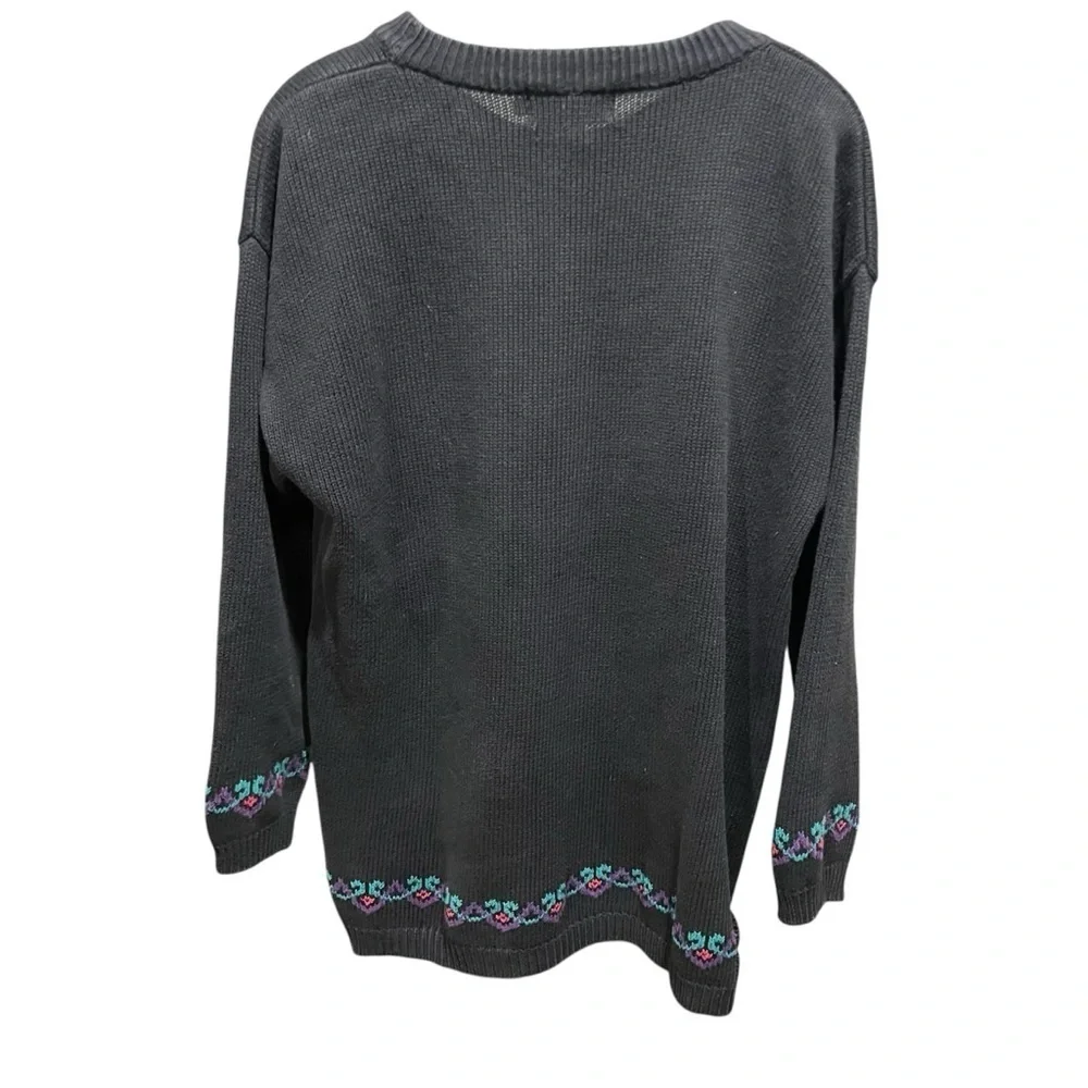 Vintage Cotton Black Sweater with Needle Point Floral Accents Medium 90s - Picture 4 of 8
